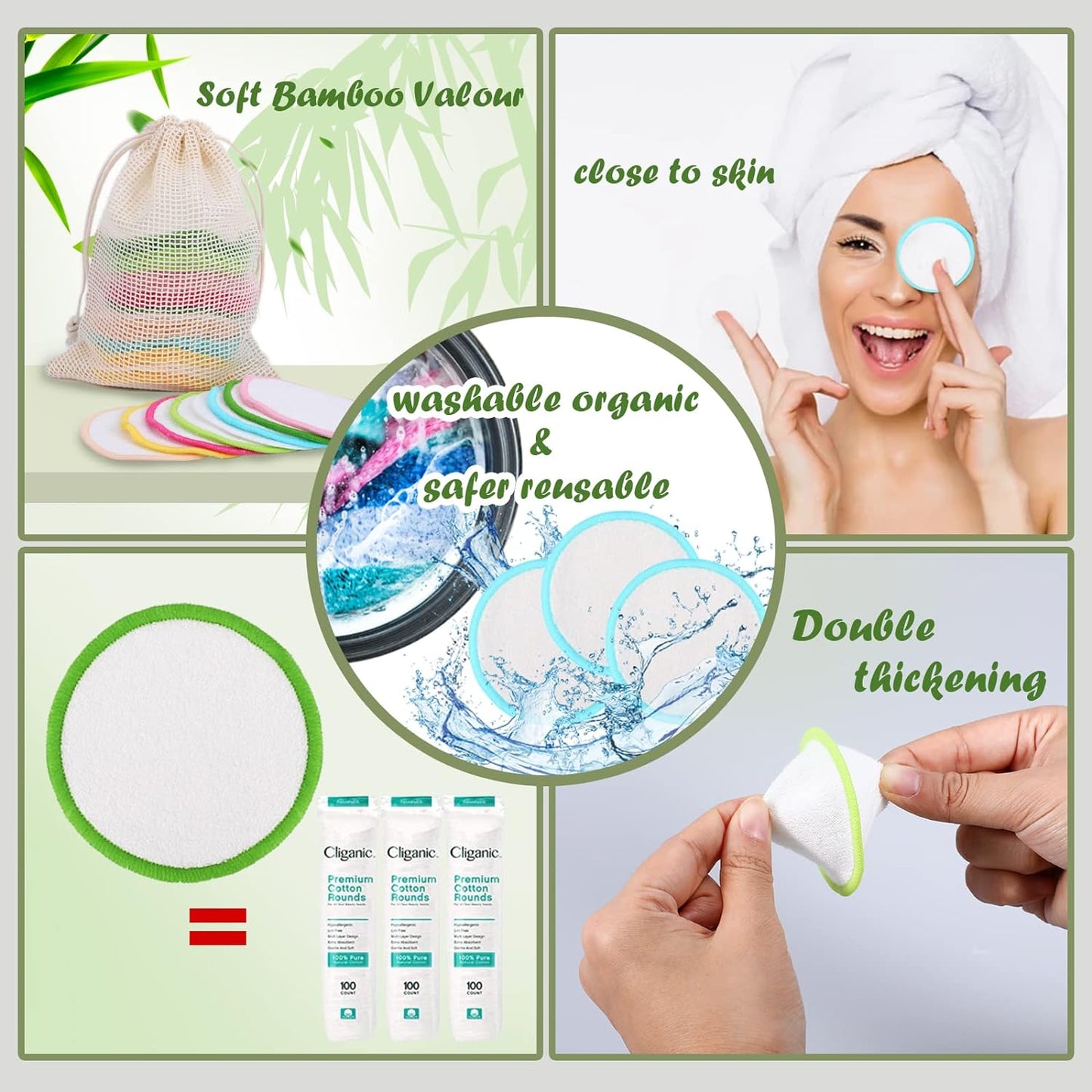 Reusable Makeup Remover Pads(40 Pack) with Washable Natural Bamboo Fiber Material,Natural Bamboo Cotton Pad,For All Skin Types