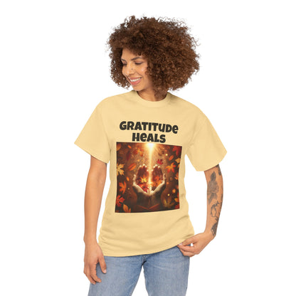 Gratitude Heals Unisex T-Shirt - Autumn Leaves and Healing Hands Design - Casual, Cotton, Fit