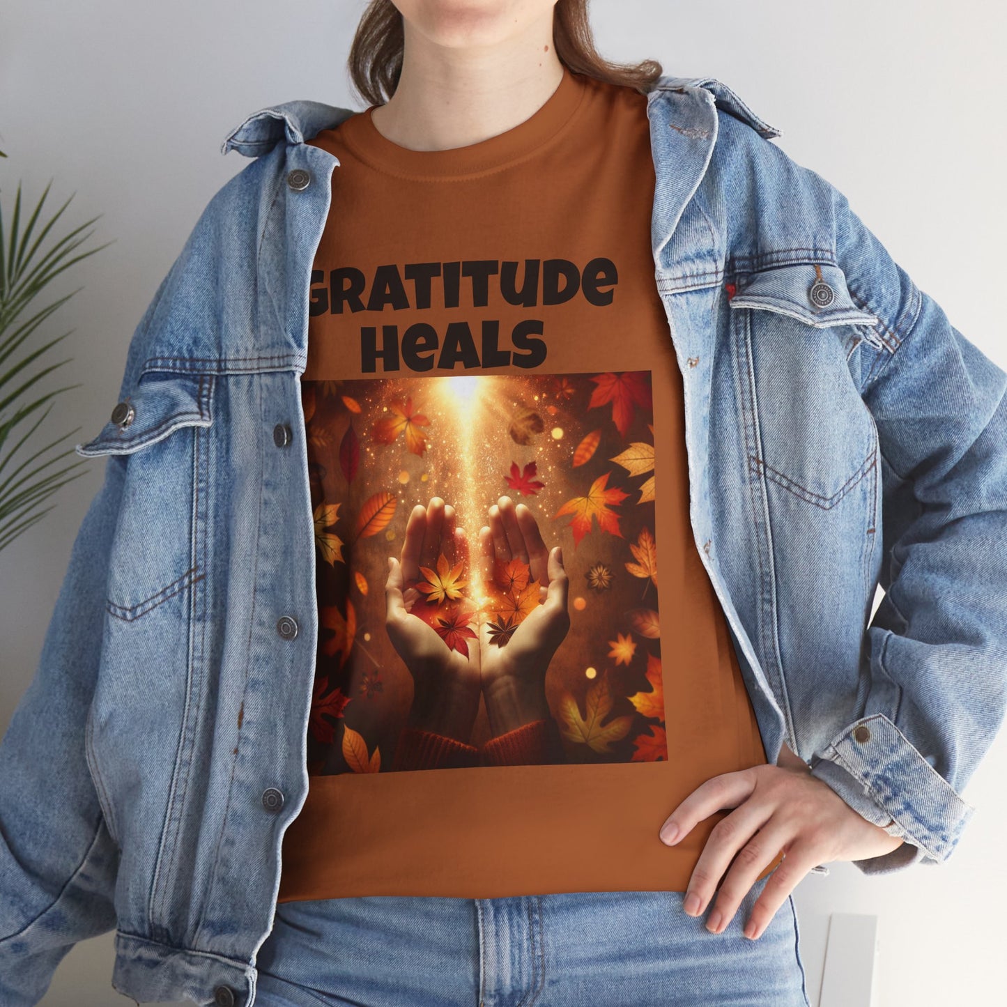 Gratitude Heals Unisex T-Shirt - Autumn Leaves and Healing Hands Design - Casual, Cotton, Fit