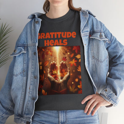 Gratitude Heals Unisex T-Shirt - Autumn Leaves and Healing Hands Design - Casual, Cotton, Fit