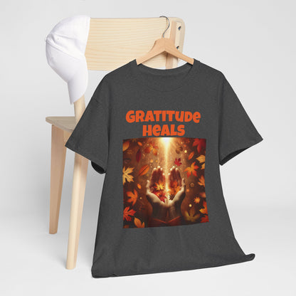 Gratitude Heals Unisex T-Shirt - Autumn Leaves and Healing Hands Design - Casual, Cotton, Fit