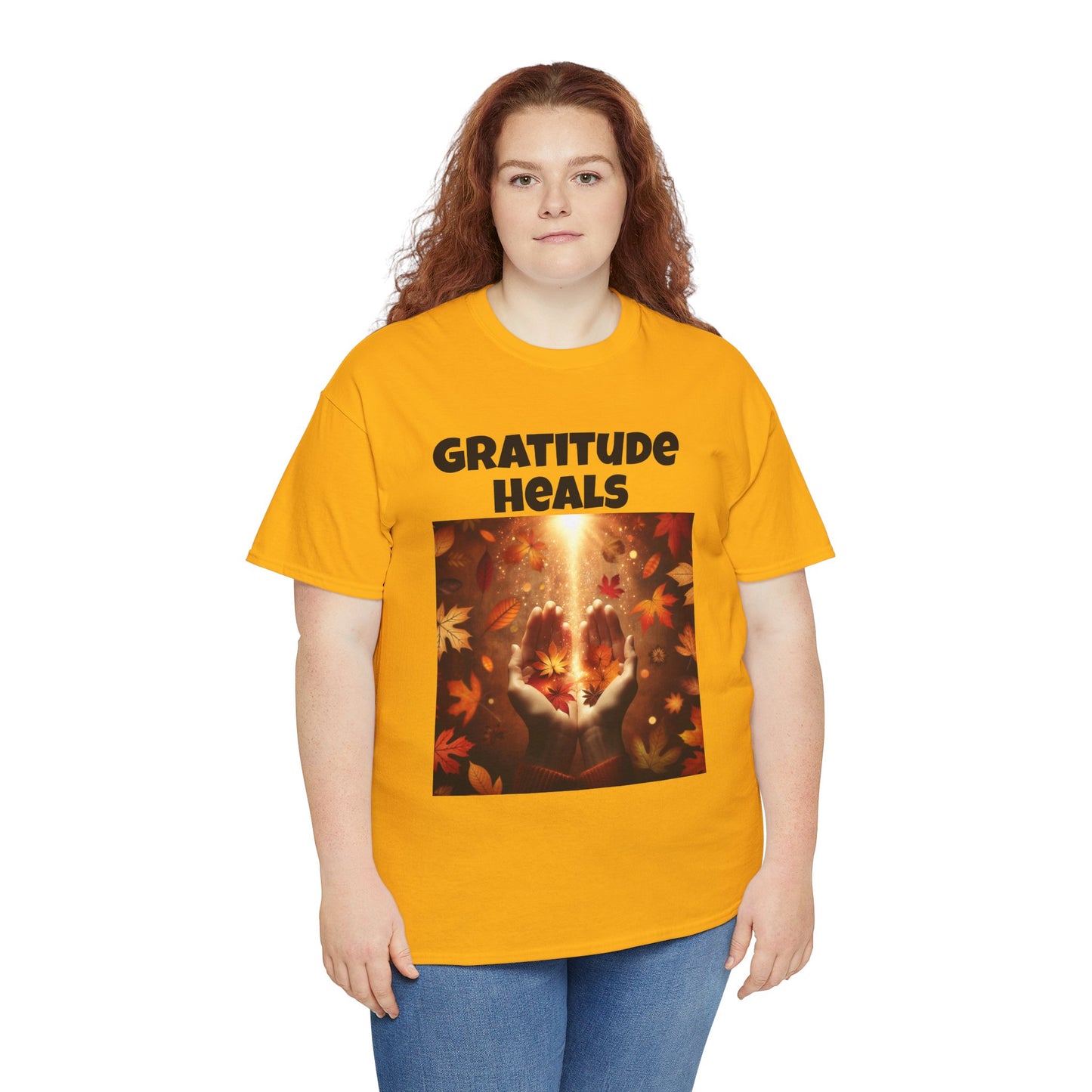 Gratitude Heals Unisex T-Shirt - Autumn Leaves and Healing Hands Design - Casual, Cotton, Fit