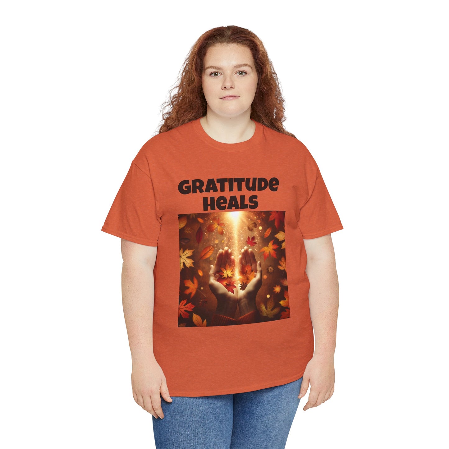 Gratitude Heals Unisex T-Shirt - Autumn Leaves and Healing Hands Design - Casual, Cotton, Fit