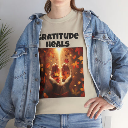 Gratitude Heals Unisex T-Shirt - Autumn Leaves and Healing Hands Design - Casual, Cotton, Fit