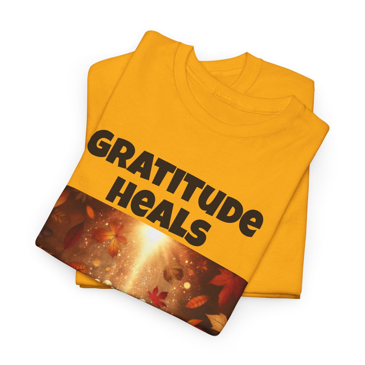 Gratitude Heals Unisex T-Shirt - Autumn Leaves and Healing Hands Design - Casual, Cotton, Fit