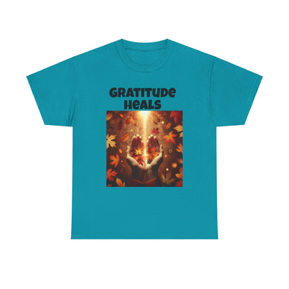 Gratitude Heals Unisex T-Shirt - Autumn Leaves and Healing Hands Design - Casual, Cotton, Fit