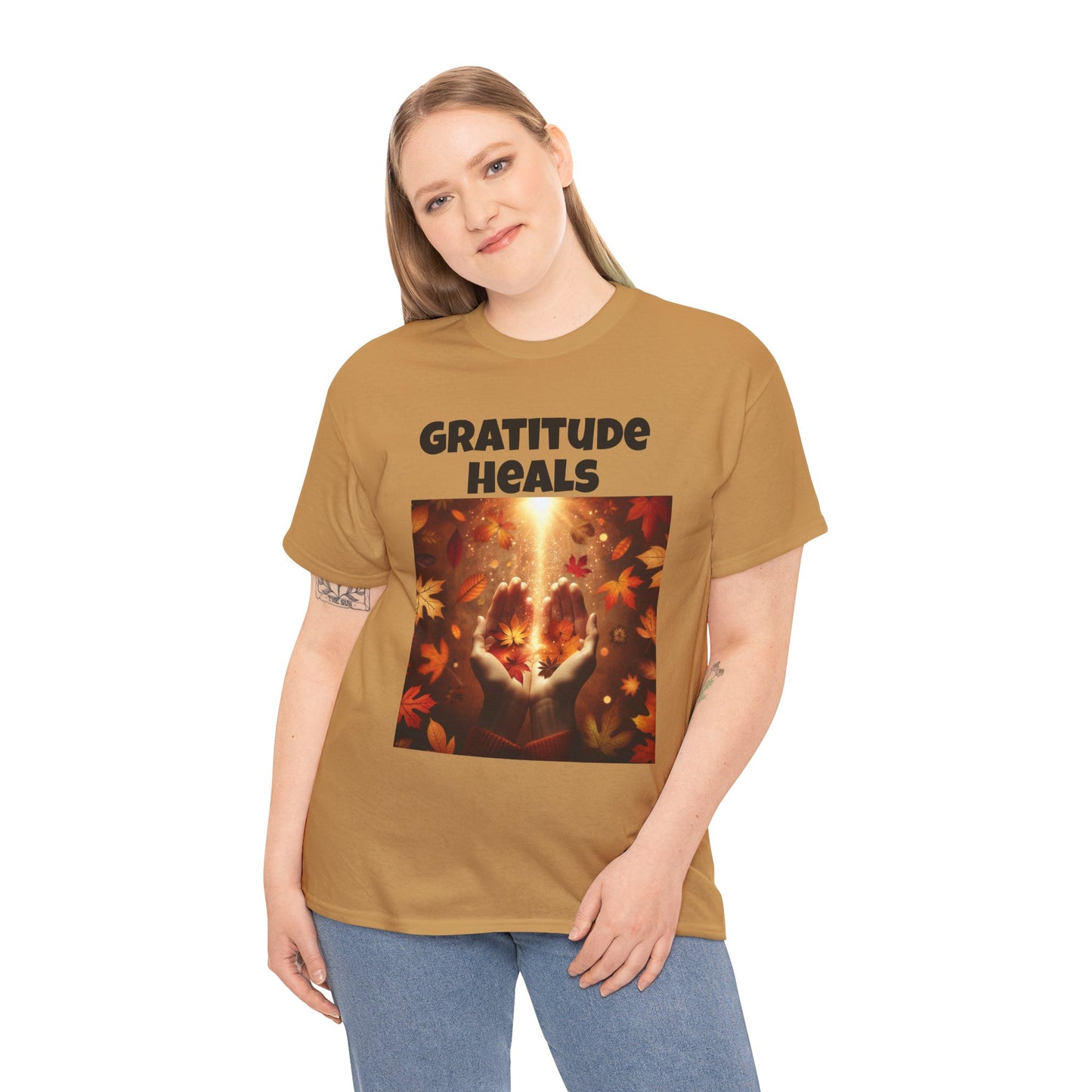 Gratitude Heals Unisex T-Shirt - Autumn Leaves and Healing Hands Design - Casual, Cotton, Fit