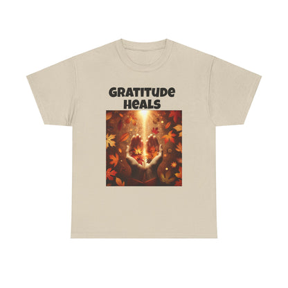 Gratitude Heals Unisex T-Shirt - Autumn Leaves and Healing Hands Design - Casual, Cotton, Fit