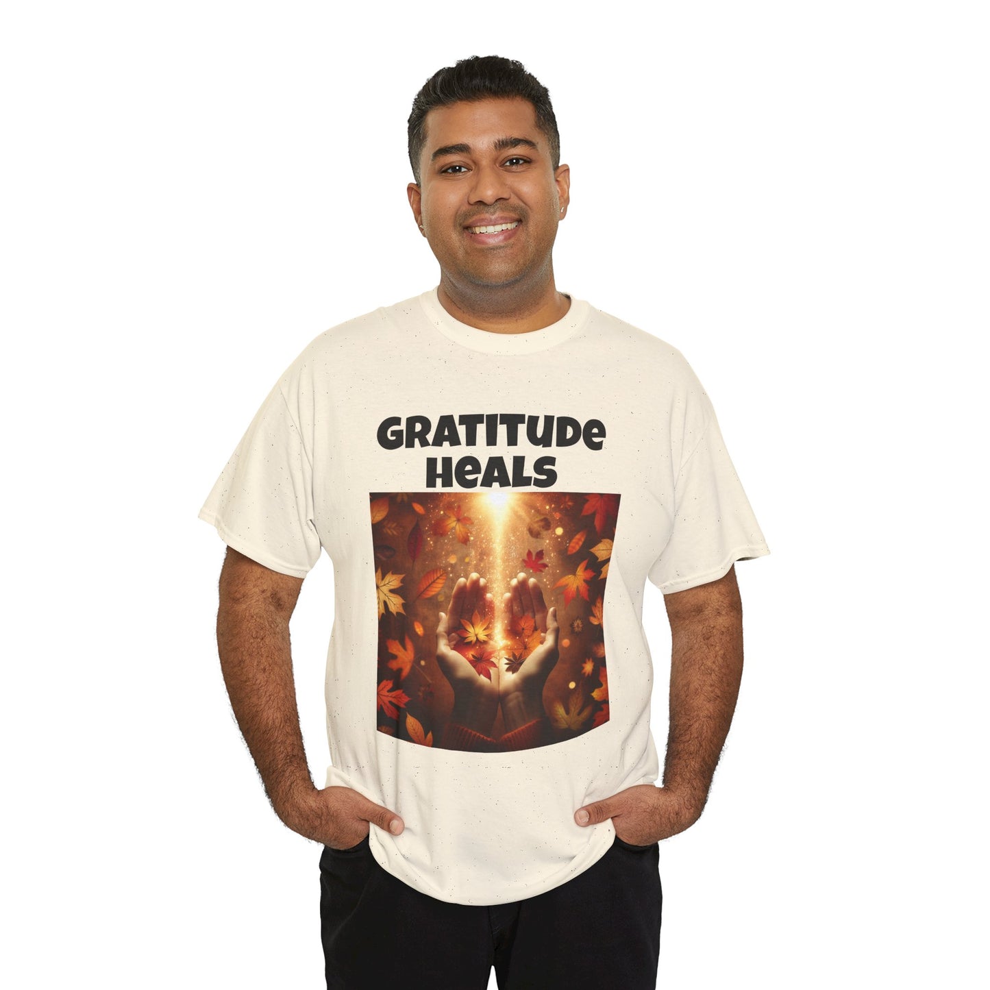 Gratitude Heals Unisex T-Shirt - Autumn Leaves and Healing Hands Design - Casual, Cotton, Fit