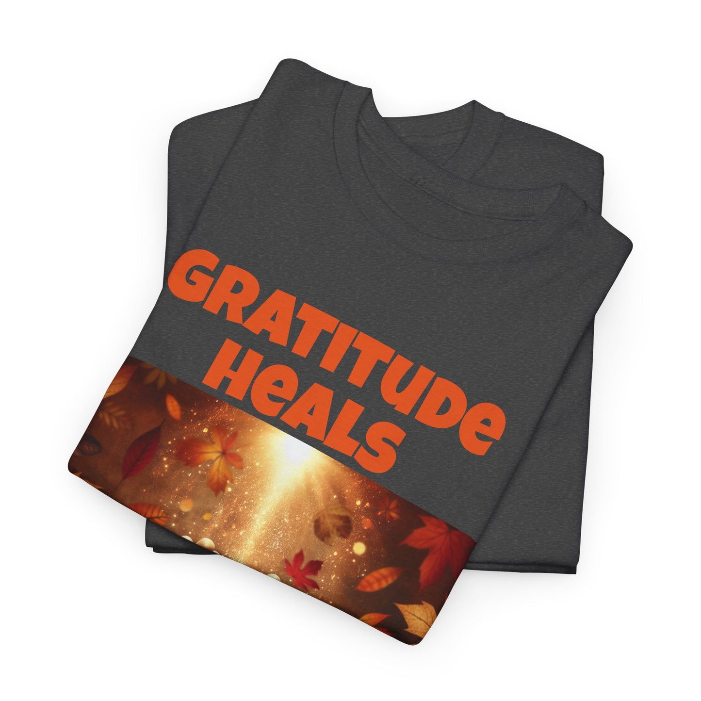 Gratitude Heals Unisex T-Shirt - Autumn Leaves and Healing Hands Design - Casual, Cotton, Fit