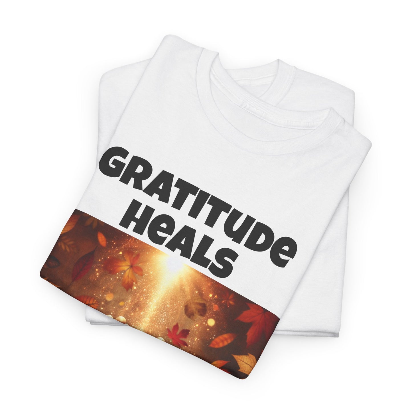 Gratitude Heals Unisex T-Shirt - Autumn Leaves and Healing Hands Design - Casual, Cotton, Fit