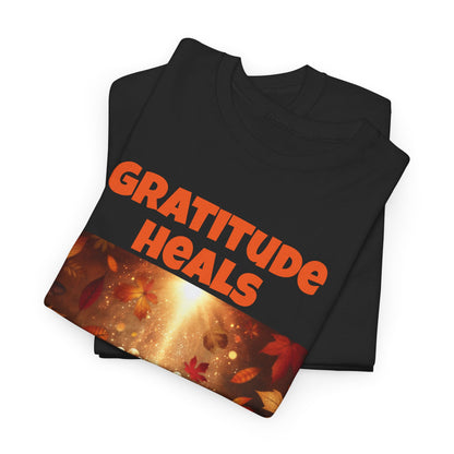 Gratitude Heals Unisex T-Shirt - Autumn Leaves and Healing Hands Design - Casual, Cotton, Fit