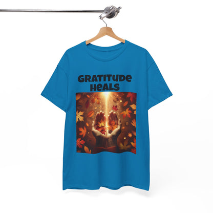 Gratitude Heals Unisex T-Shirt - Autumn Leaves and Healing Hands Design - Casual, Cotton, Fit