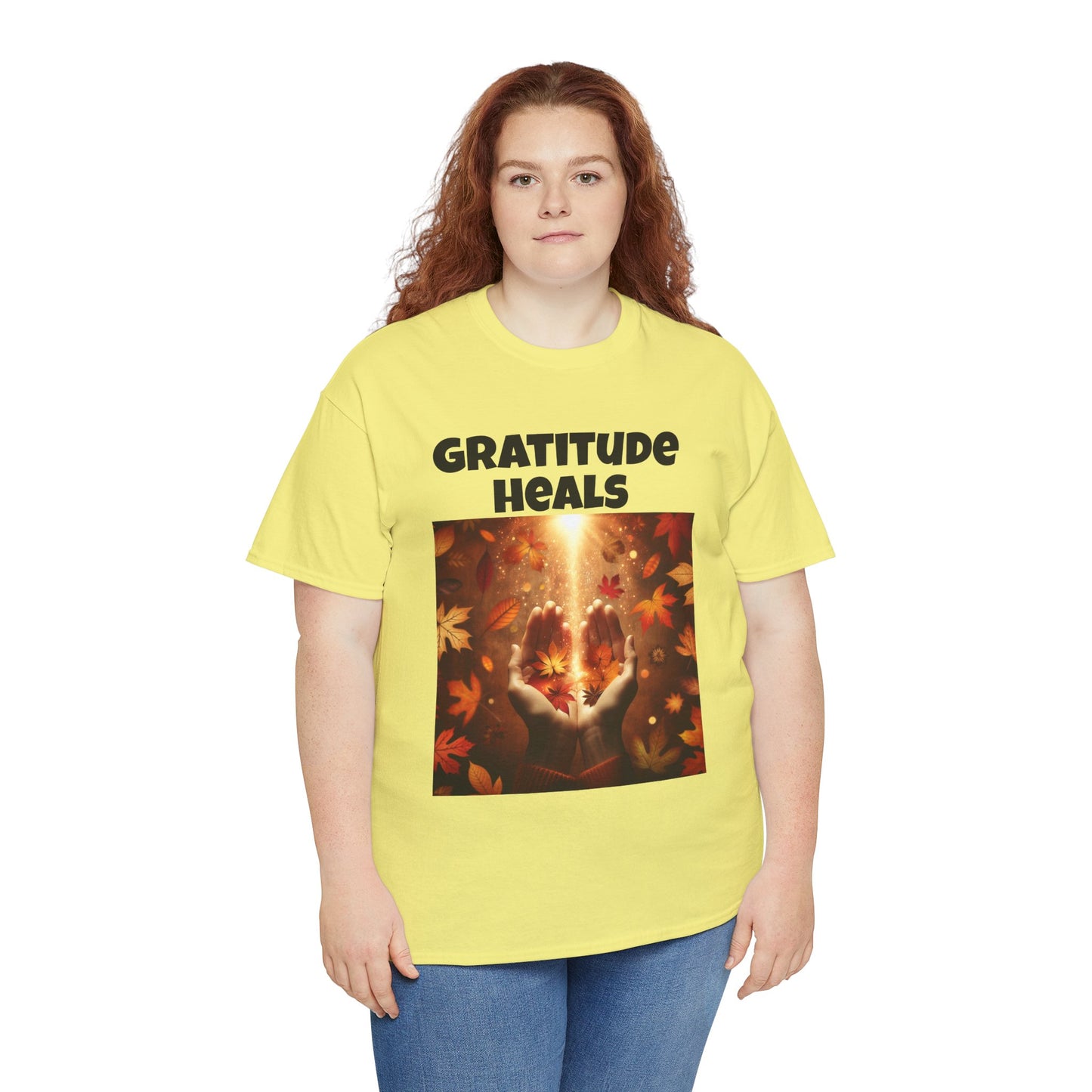 Gratitude Heals Unisex T-Shirt - Autumn Leaves and Healing Hands Design - Casual, Cotton, Fit