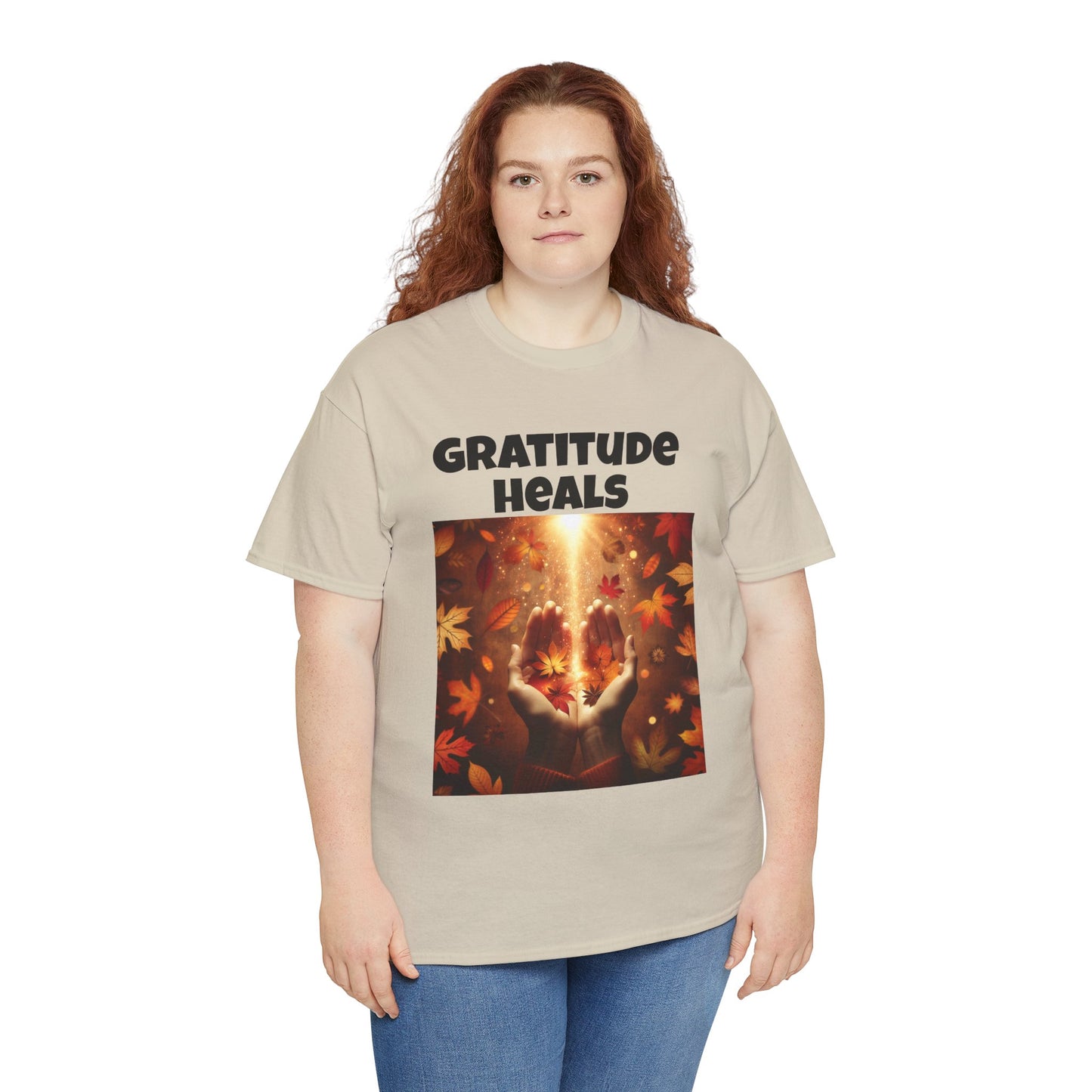 Gratitude Heals Unisex T-Shirt - Autumn Leaves and Healing Hands Design - Casual, Cotton, Fit