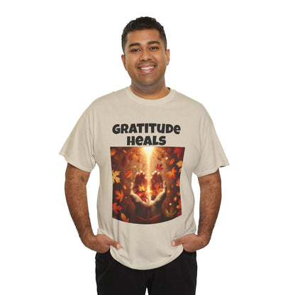 Gratitude Heals Unisex T-Shirt - Autumn Leaves and Healing Hands Design - Casual, Cotton, Fit