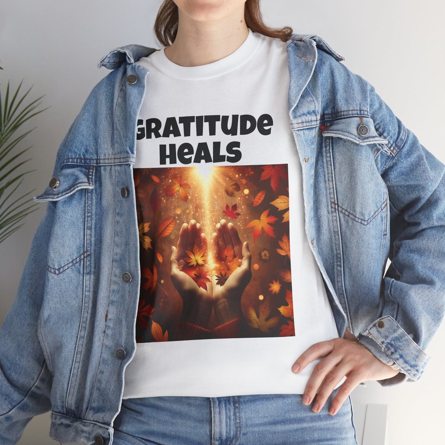 Gratitude Heals Unisex T-Shirt - Autumn Leaves and Healing Hands Design - Casual, Cotton, Fit