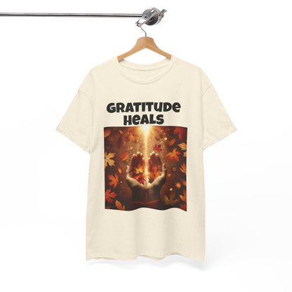 Gratitude Heals Unisex T-Shirt - Autumn Leaves and Healing Hands Design - Casual, Cotton, Fit