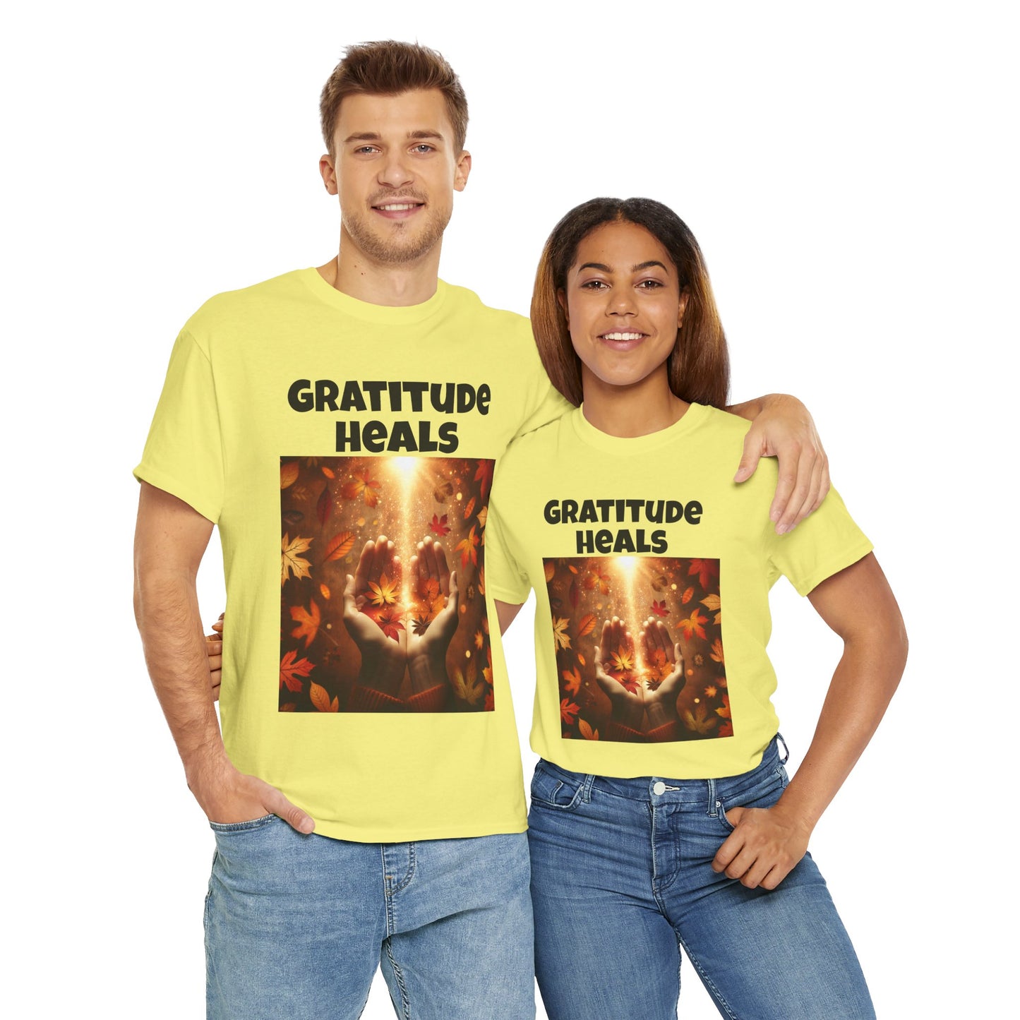 Gratitude Heals Unisex T-Shirt - Autumn Leaves and Healing Hands Design - Casual, Cotton, Fit