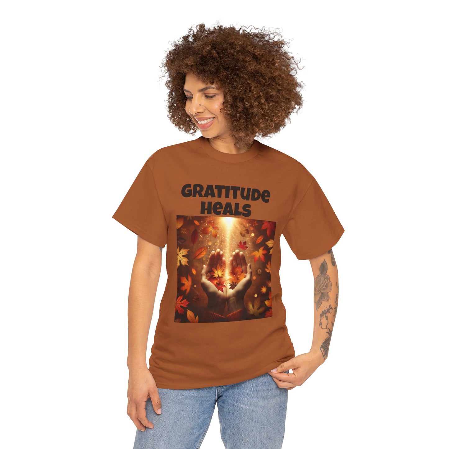 Gratitude Heals Unisex T-Shirt - Autumn Leaves and Healing Hands Design - Casual, Cotton, Fit