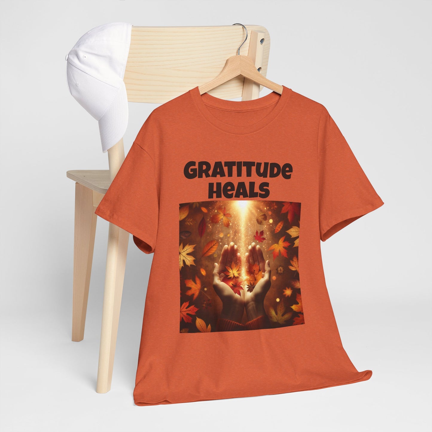 Gratitude Heals Unisex T-Shirt - Autumn Leaves and Healing Hands Design - Casual, Cotton, Fit