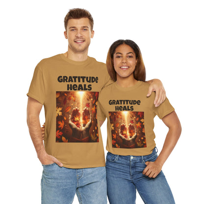 Gratitude Heals Unisex T-Shirt - Autumn Leaves and Healing Hands Design - Casual, Cotton, Fit