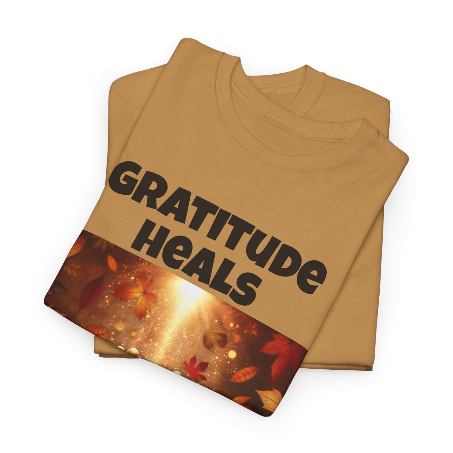 Gratitude Heals Unisex T-Shirt - Autumn Leaves and Healing Hands Design - Casual, Cotton, Fit