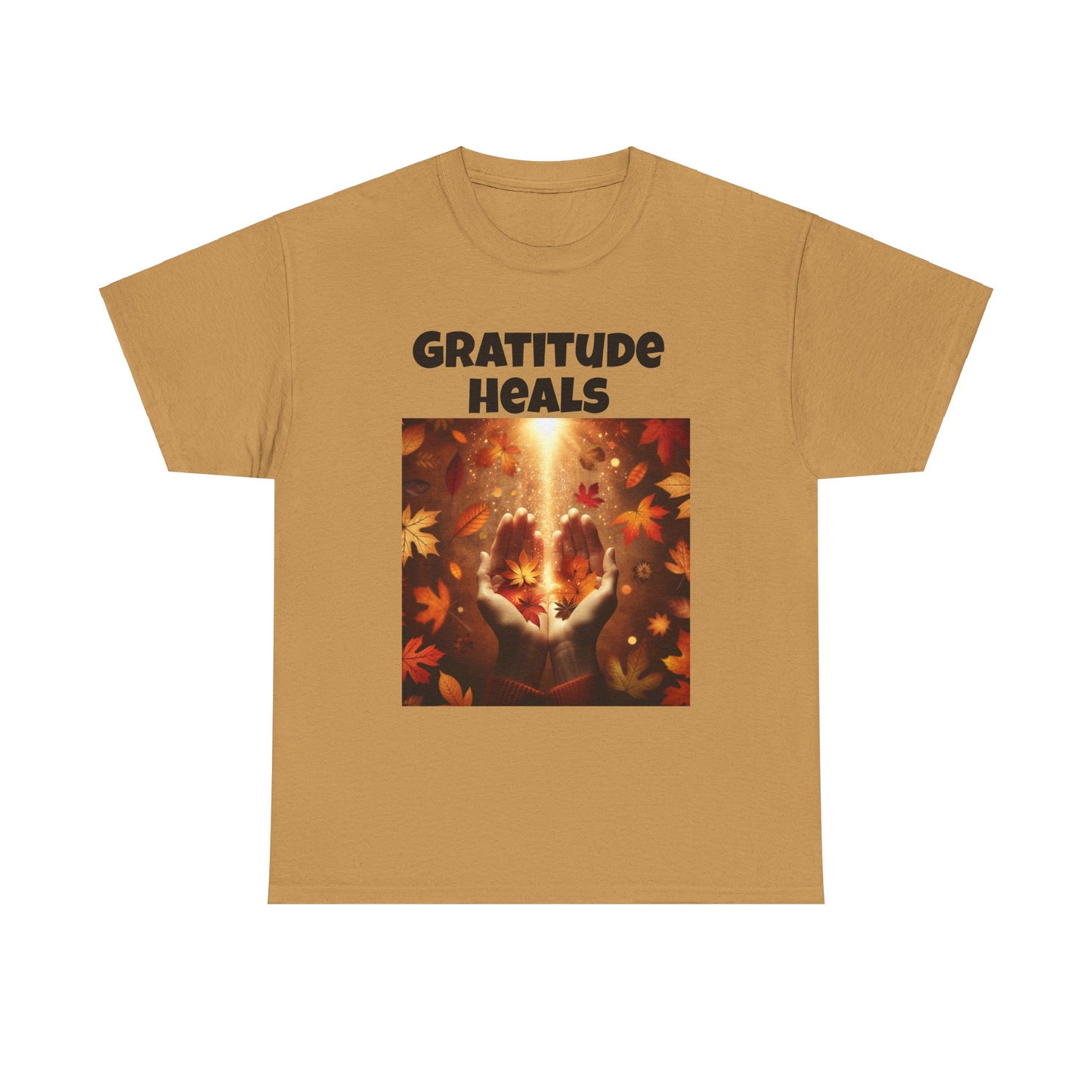 Gratitude Heals Unisex T-Shirt - Autumn Leaves and Healing Hands Design - Casual, Cotton, Fit