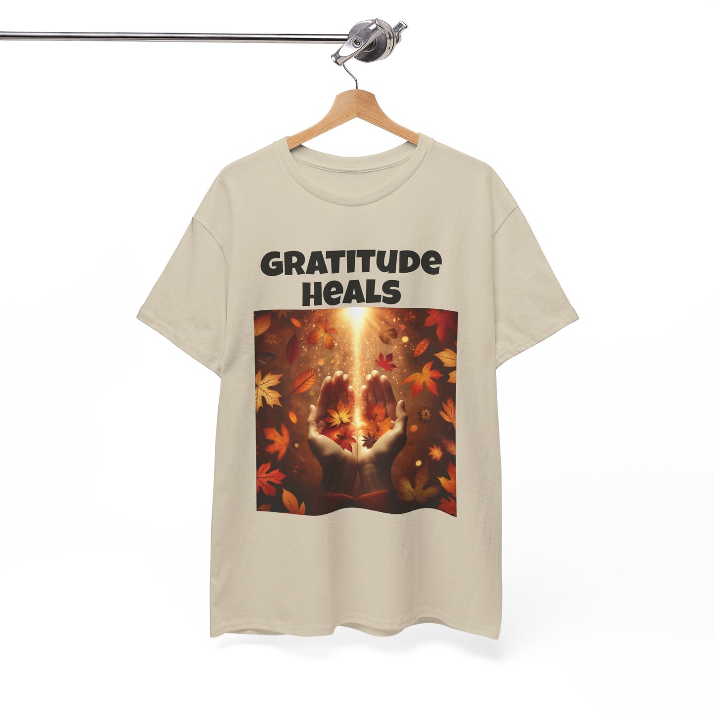 Gratitude Heals Unisex T-Shirt - Autumn Leaves and Healing Hands Design - Casual, Cotton, Fit