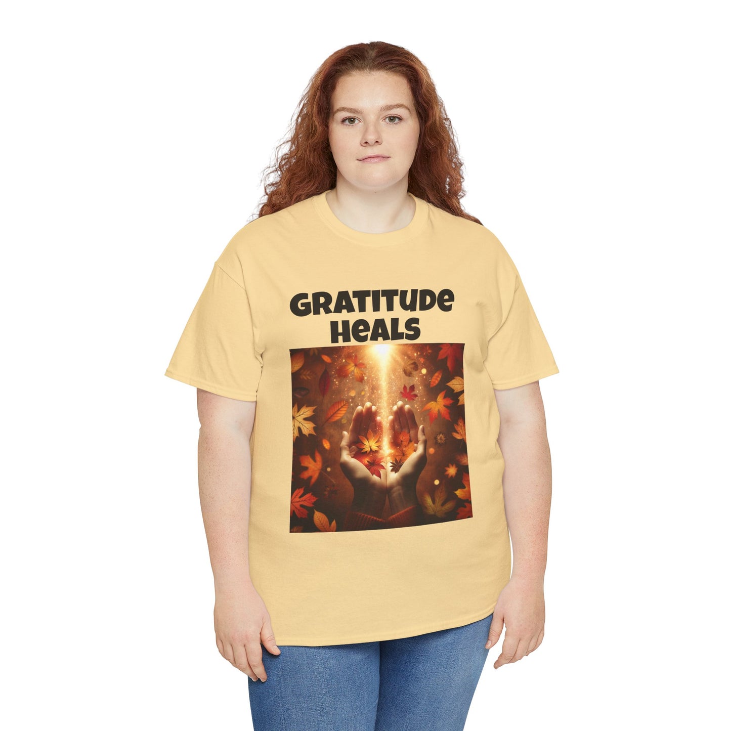 Gratitude Heals Unisex T-Shirt - Autumn Leaves and Healing Hands Design - Casual, Cotton, Fit