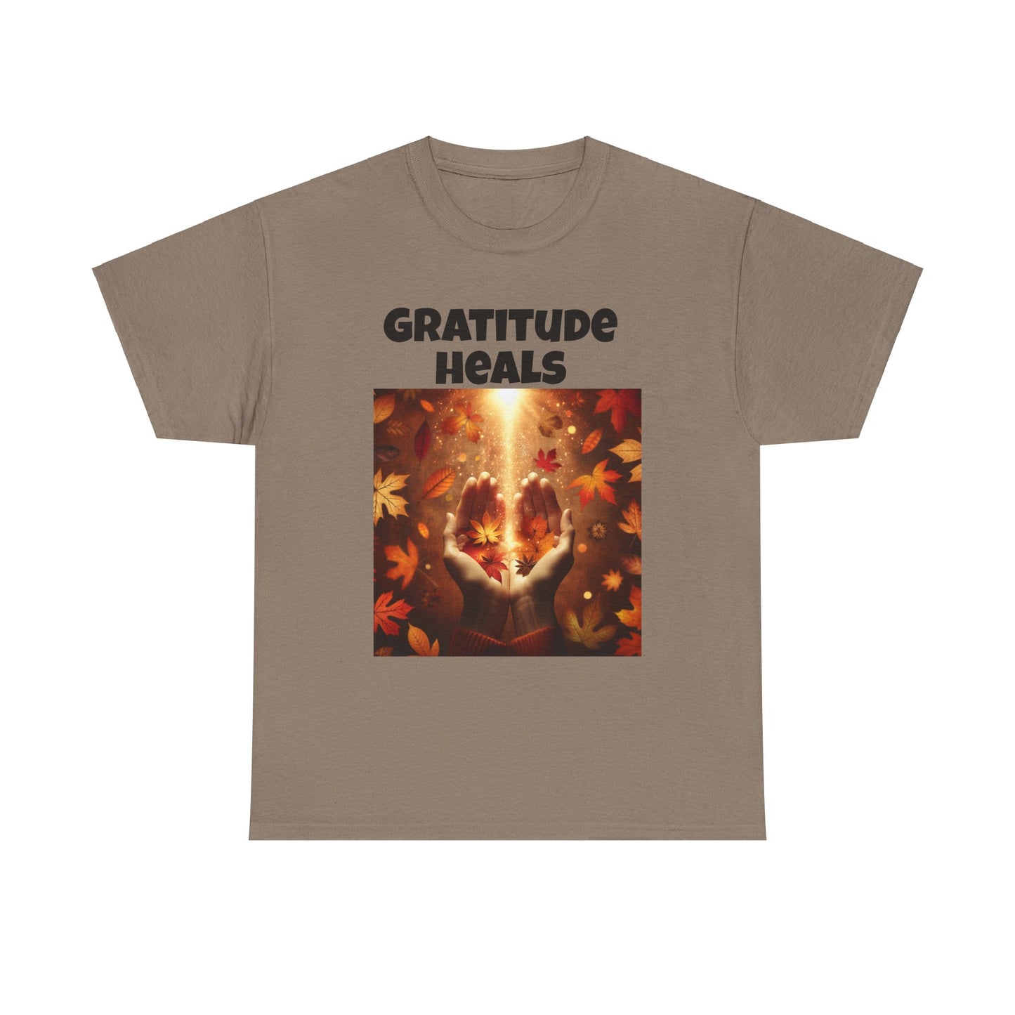 Gratitude Heals Unisex T-Shirt - Autumn Leaves and Healing Hands Design - Casual, Cotton, Fit