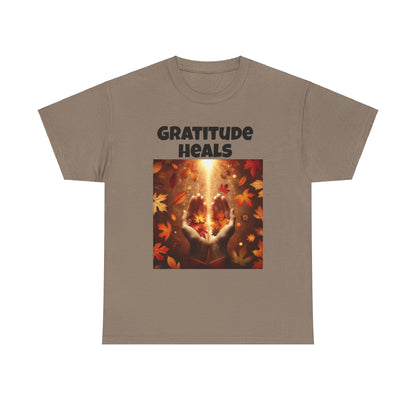 Gratitude Heals Unisex T-Shirt - Autumn Leaves and Healing Hands Design - Casual, Cotton, Fit