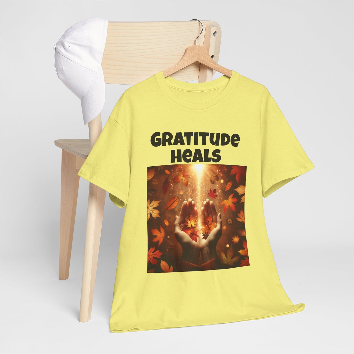 Gratitude Heals Unisex T-Shirt - Autumn Leaves and Healing Hands Design - Casual, Cotton, Fit