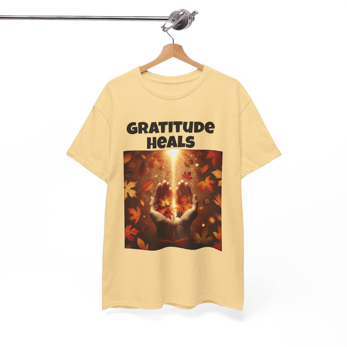 Gratitude Heals Unisex T-Shirt - Autumn Leaves and Healing Hands Design - Casual, Cotton, Fit