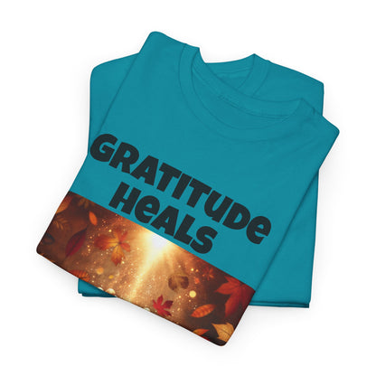 Gratitude Heals Unisex T-Shirt - Autumn Leaves and Healing Hands Design - Casual, Cotton, Fit