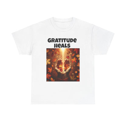 Gratitude Heals Unisex T-Shirt - Autumn Leaves and Healing Hands Design - Casual, Cotton, Fit