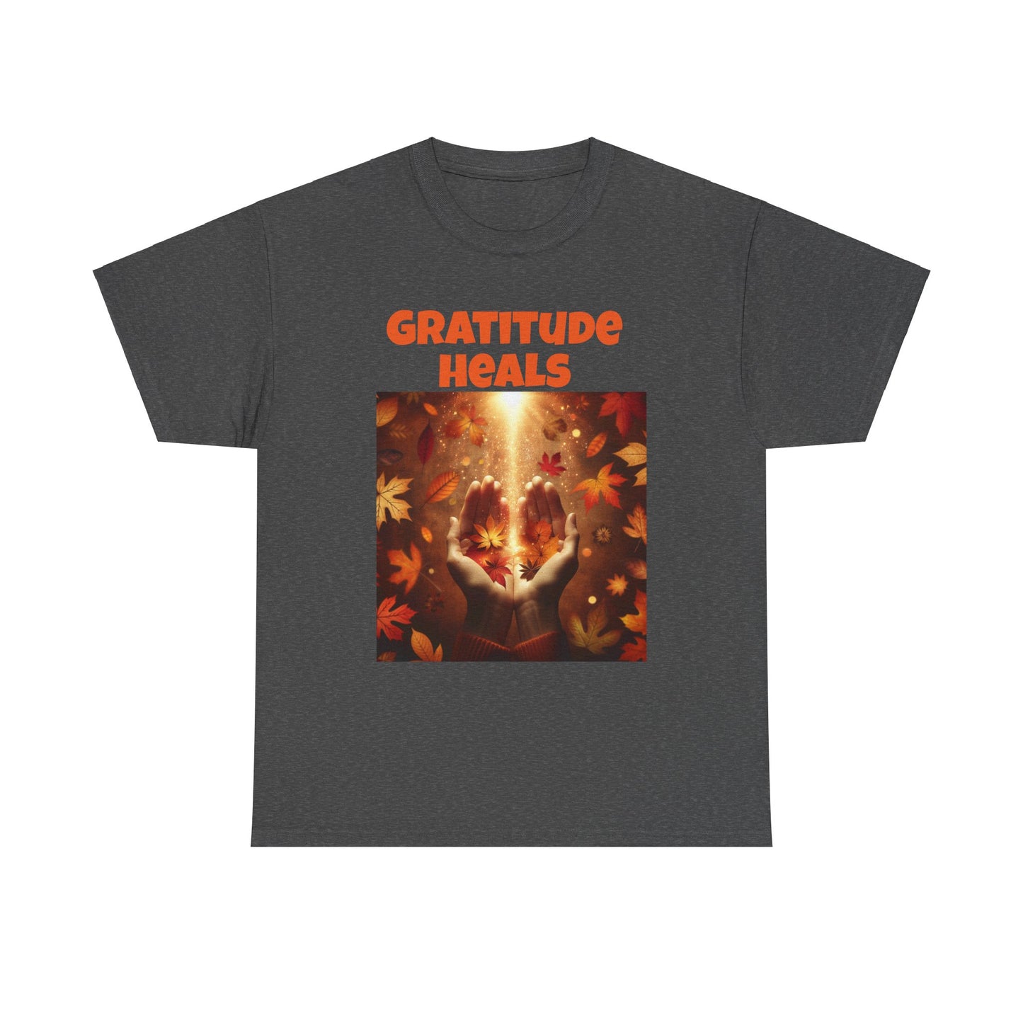 Gratitude Heals Unisex T-Shirt - Autumn Leaves and Healing Hands Design - Casual, Cotton, Fit