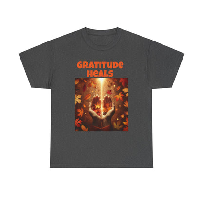 Gratitude Heals Unisex T-Shirt - Autumn Leaves and Healing Hands Design - Casual, Cotton, Fit