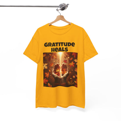 Gratitude Heals Unisex T-Shirt - Autumn Leaves and Healing Hands Design - Casual, Cotton, Fit