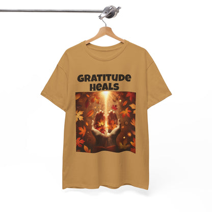 Gratitude Heals Unisex T-Shirt - Autumn Leaves and Healing Hands Design - Casual, Cotton, Fit