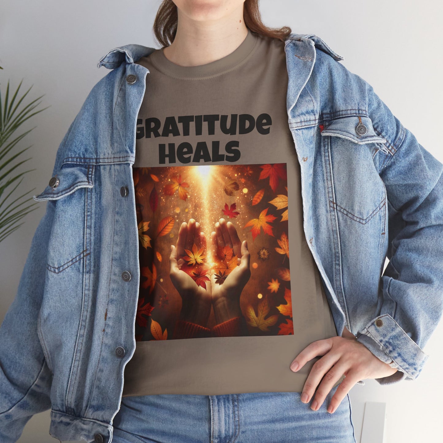 Gratitude Heals Unisex T-Shirt - Autumn Leaves and Healing Hands Design - Casual, Cotton, Fit