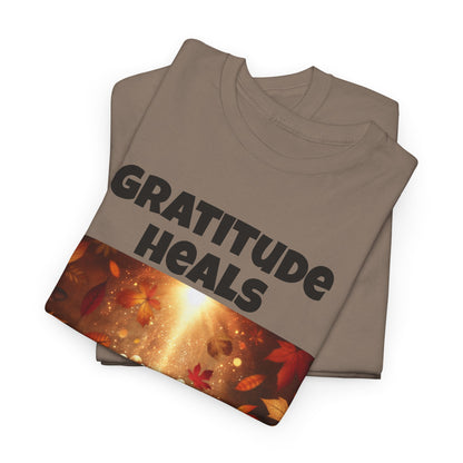 Gratitude Heals Unisex T-Shirt - Autumn Leaves and Healing Hands Design - Casual, Cotton, Fit