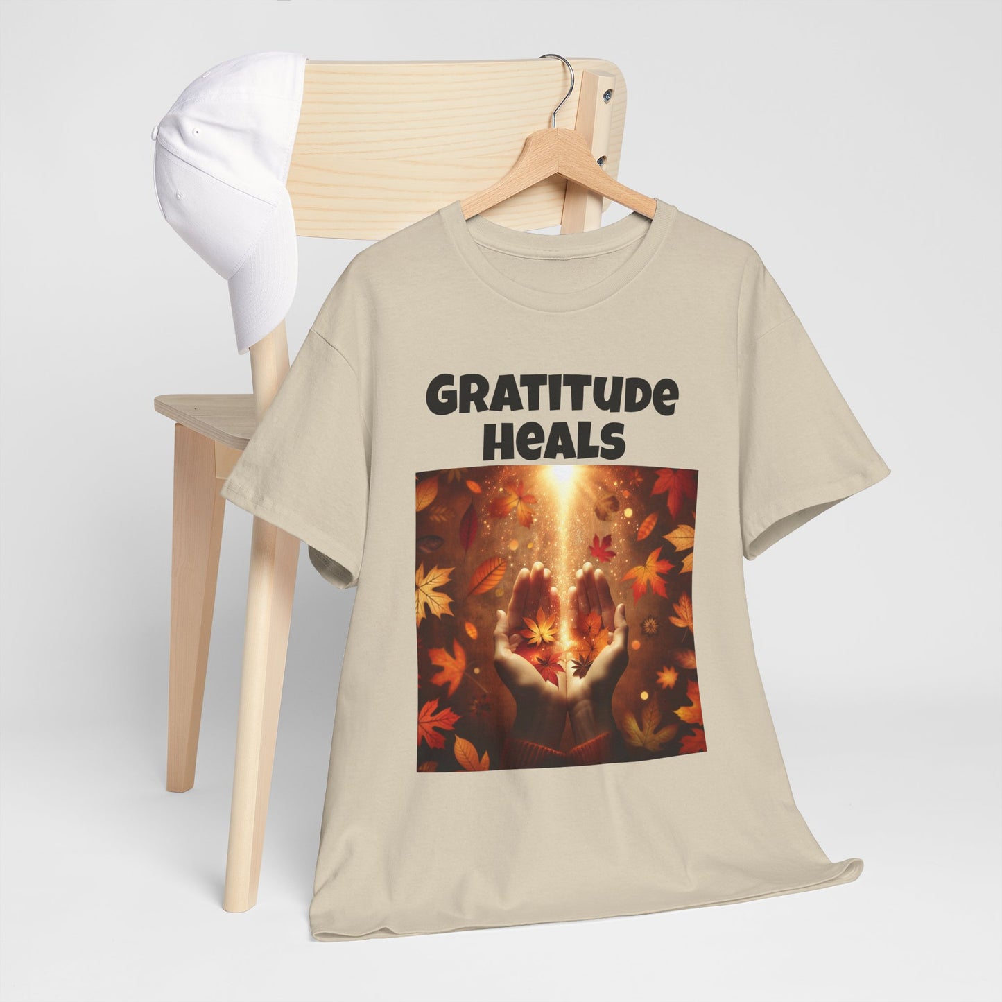 Gratitude Heals Unisex T-Shirt - Autumn Leaves and Healing Hands Design - Casual, Cotton, Fit