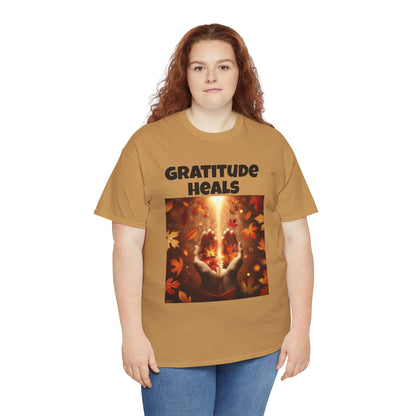 Gratitude Heals Unisex T-Shirt - Autumn Leaves and Healing Hands Design - Casual, Cotton, Fit