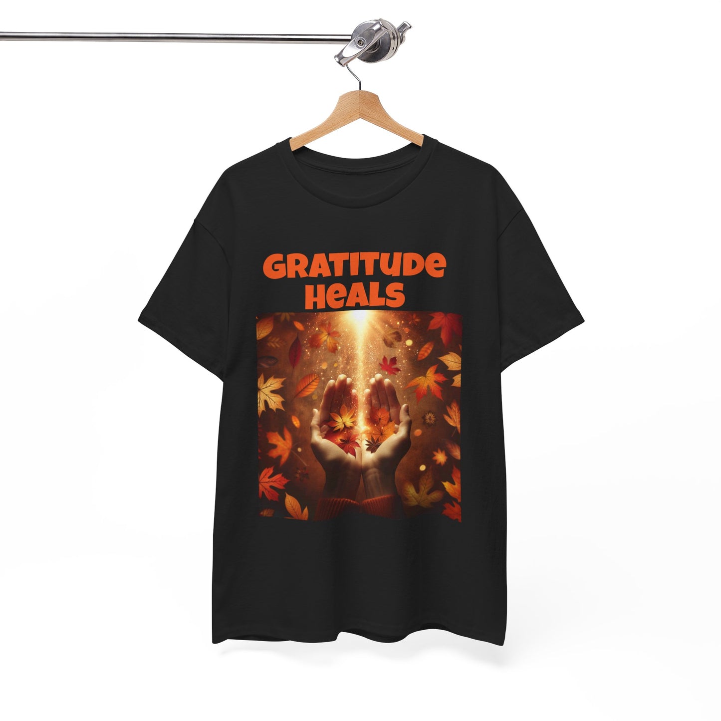 Gratitude Heals Unisex T-Shirt - Autumn Leaves and Healing Hands Design - Casual, Cotton, Fit