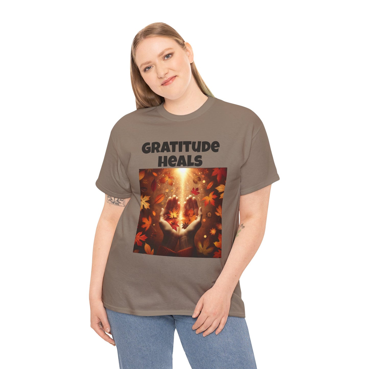 Gratitude Heals Unisex T-Shirt - Autumn Leaves and Healing Hands Design - Casual, Cotton, Fit