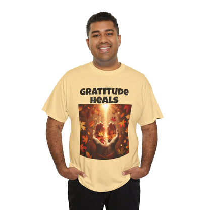 Gratitude Heals Unisex T-Shirt - Autumn Leaves and Healing Hands Design - Casual, Cotton, Fit