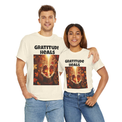 Gratitude Heals Unisex T-Shirt - Autumn Leaves and Healing Hands Design - Casual, Cotton, Fit