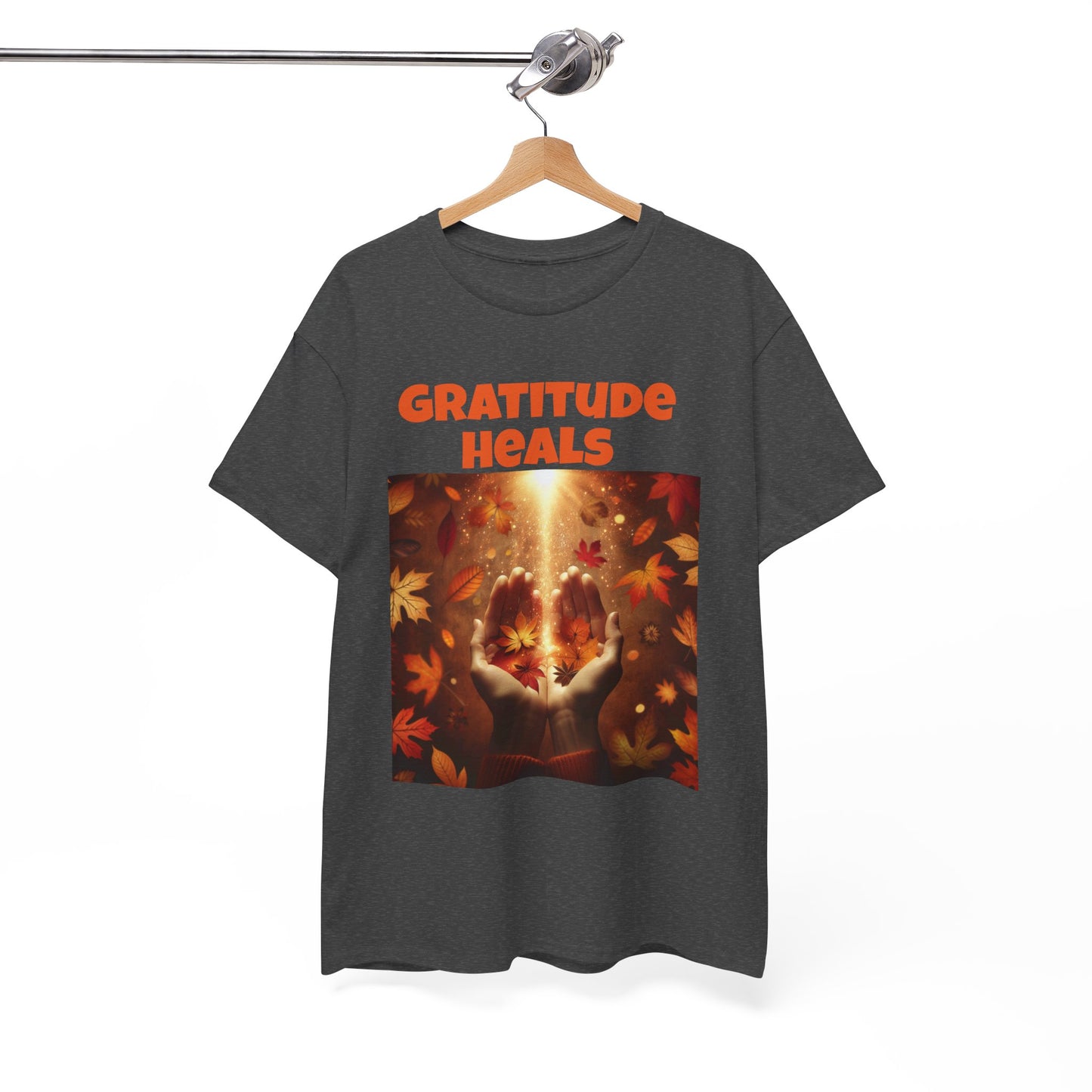 Gratitude Heals Unisex T-Shirt - Autumn Leaves and Healing Hands Design - Casual, Cotton, Fit