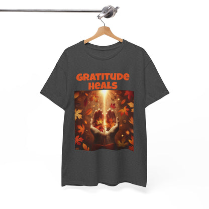 Gratitude Heals Unisex T-Shirt - Autumn Leaves and Healing Hands Design - Casual, Cotton, Fit